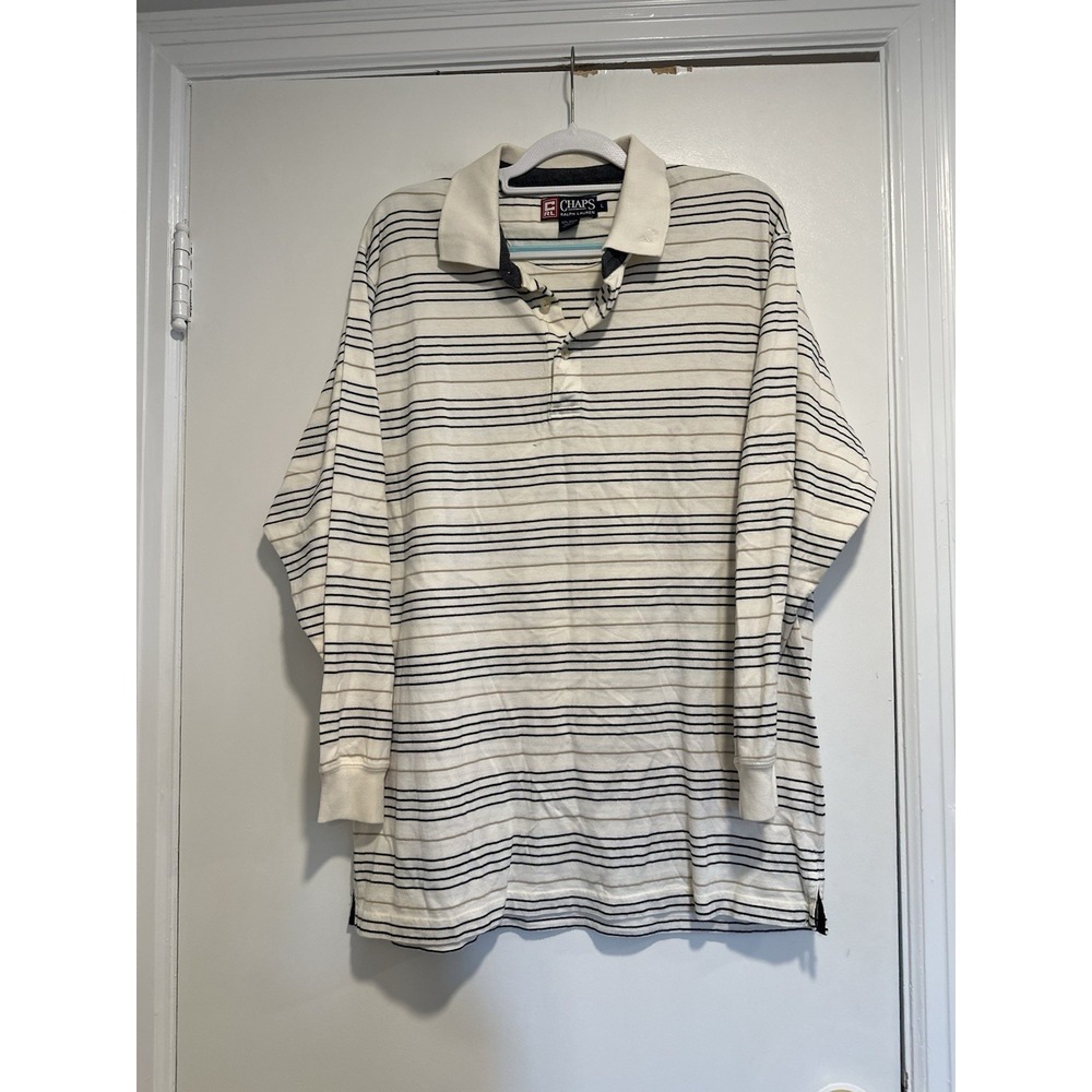 Chaps Ralph Lauren Men's Sz: L Long Sleeve Cream Polo Shirt Horizontal Stripes